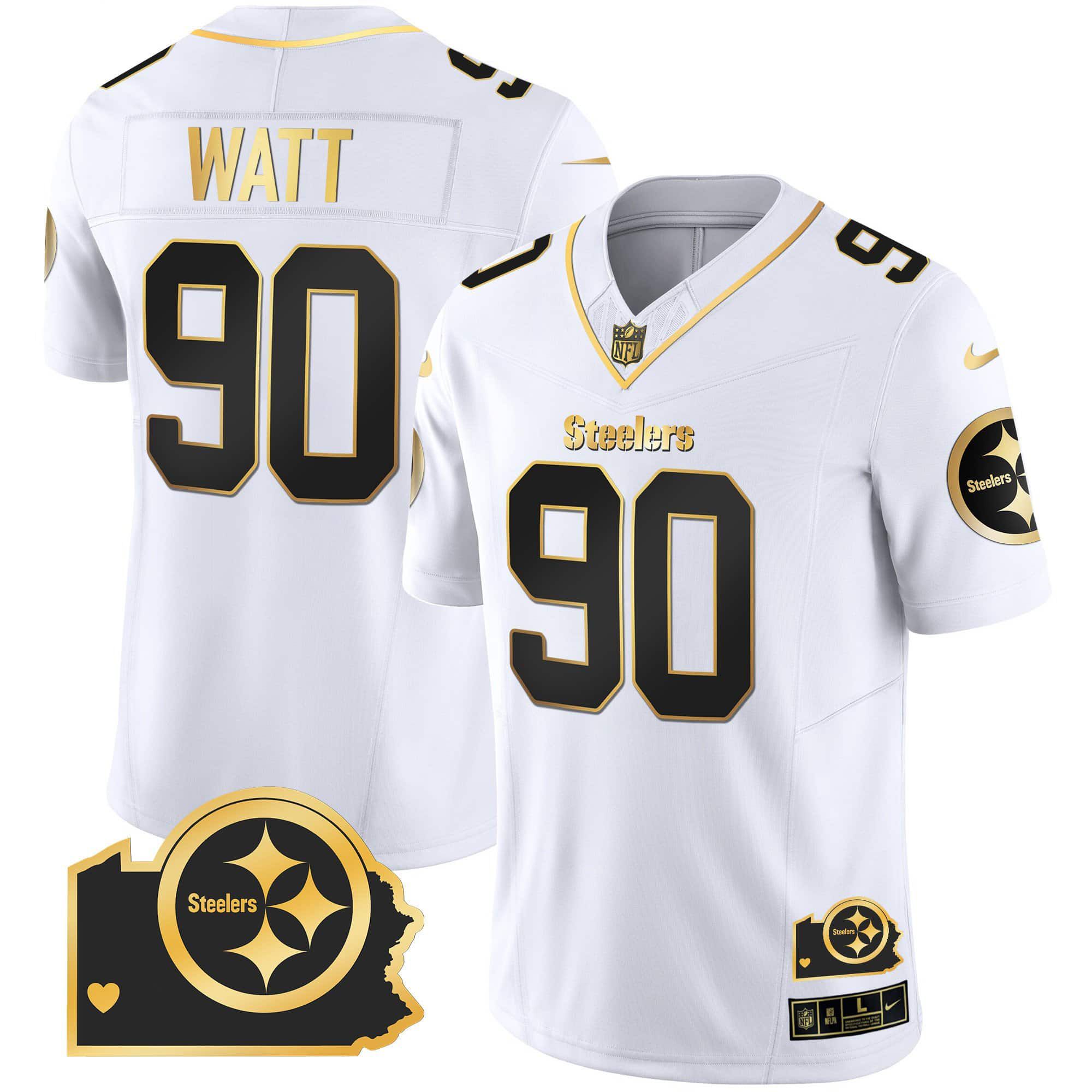 Men Pittsburgh Steelers 90 Watt White Gold 2024 Nike Home Patch Vapor Limited NFL Jersey